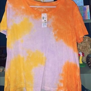 white, yellow, orange watercolour/tie dye tee, soft, thin